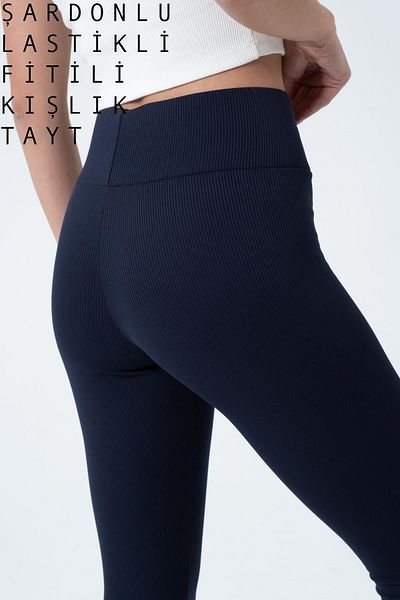 Domoda Marineblaue Fleece-Innenseite, elastisch, erhöht, gerippt, geraffte Interlock-Winterstrick-Leggings @verona