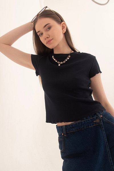 Domoda Navy Blue Baby Overlock Short Sleeve Blouse Camisole Ribbed Women's Blouse.
