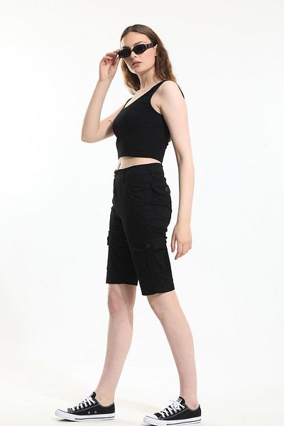 Domoda Black Slim Fit None Denim Side Pockets Stretch Fabric Women's Cargo Shorts