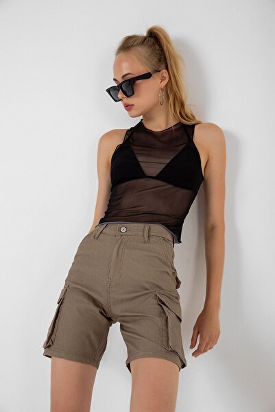 Domoda Bej Kargo Cepli Fermuarlı Esnek Dokuma Kumaş Pamuklu Kadın Bermuda Şort