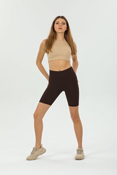 Domoda Dark Brown High Waist Short Shorts Sports Ribbed Biker Tights
