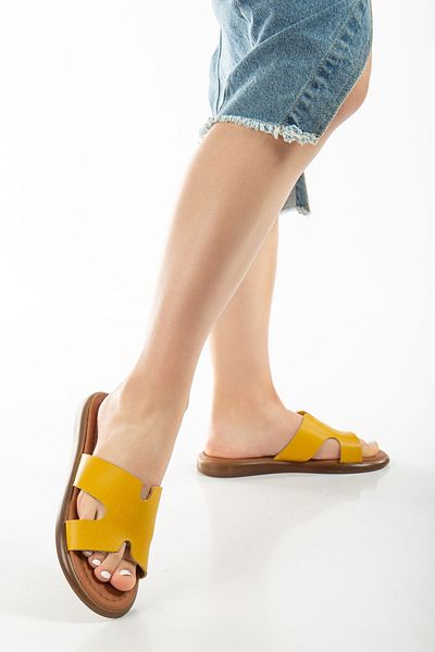 SANDALİ WOMEN'S GENUINE LEATHER POLY FILLED SOLE YELLOW COLOR SLIPPERS