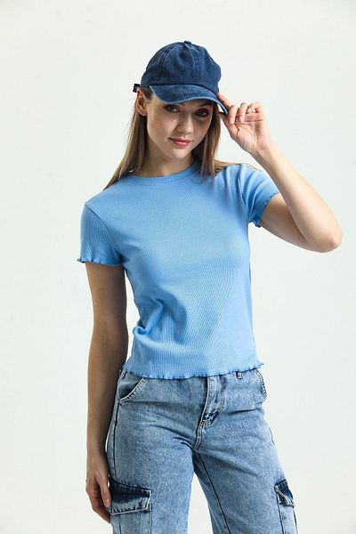 Domoda Bluză Blue Baby Overlock cu mânecă scurtă Bluză de damă cu nervuri pentru camisole.