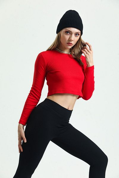 Domoda Red Crew nyakú, bordázott camisole hosszú ujjú kötött blúz