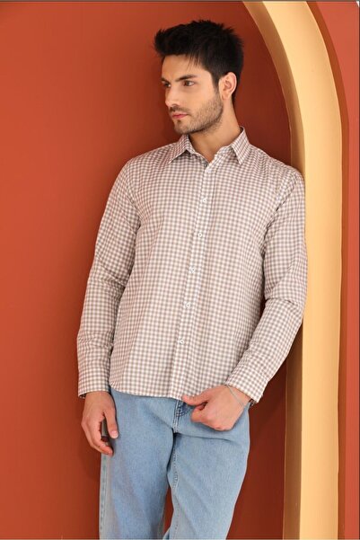 Catto Peak Ανδρικό πουκάμισο μπεζ με καρό σχέδιο - ριγέ και καρό
