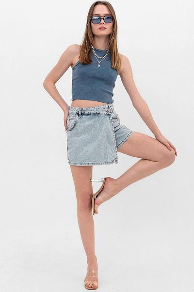 Maule Albastru deschis un singur nasture, pantaloni scurți din denim cu fermoar Fusta de damă