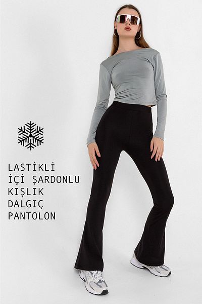Domoda Pantaloni evazați pentru femei, negri, calduri, cu picioare late, elastice, cu talie înaltă