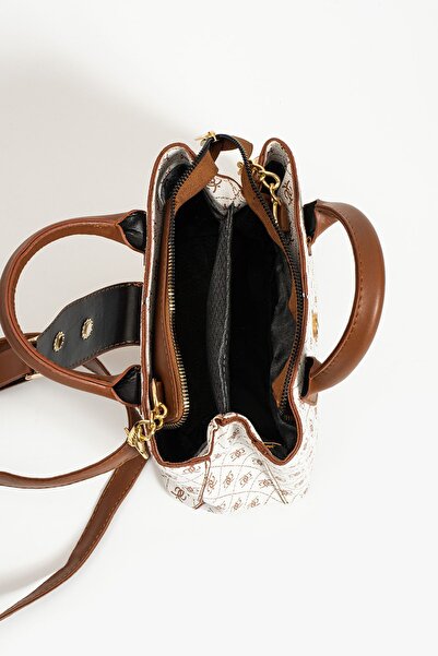 Rosmod Geantă de mână și de umăr pentru femei, cu model crem, piele maronie, curea de mână cu fermoar