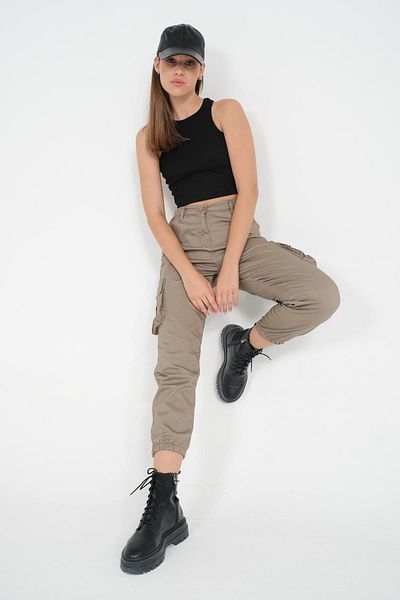 Domoda Beige Jogger Comfortable Fit Elastic Legs Cargo Pocket Gabardine Women's Trousers