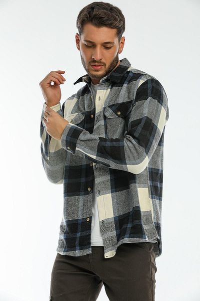 Blah Μπλε, διπλό πτερύγιο τσέπης Oversize καρό παχύ καρό ανδρικό σακάκι ανδρικό πουκάμισο