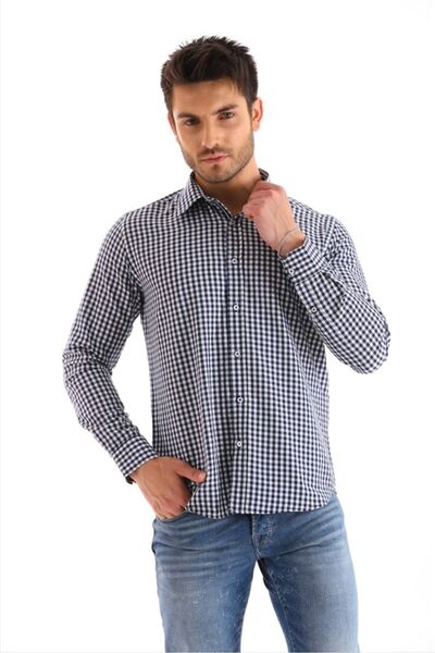 Catto Peak Ανδρικό πουκάμισο - Μπλε ναυτικό ριγέ, καρό καρό, κανονική εφαρμογή