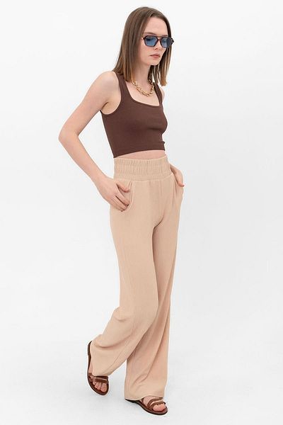 Domoda Beige Elastic Waist Wide Leg Double Pocket Wrinkled Women's Trousers