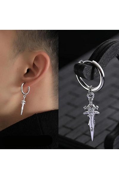 Jaida Moda Unisex Silver Sword Figure Dangle Steel Hoop Earrings