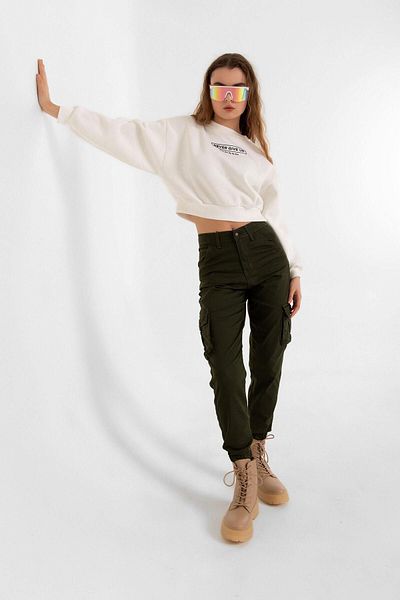 Domoda Dark Khaki Jogger Comfortable Fit Elastic Leg Cargo Pocket Gabardine Women's Trousers