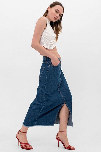 Domoda 5 zsebes Indigo Jean szoknya - elöl hasíték, vágott vég