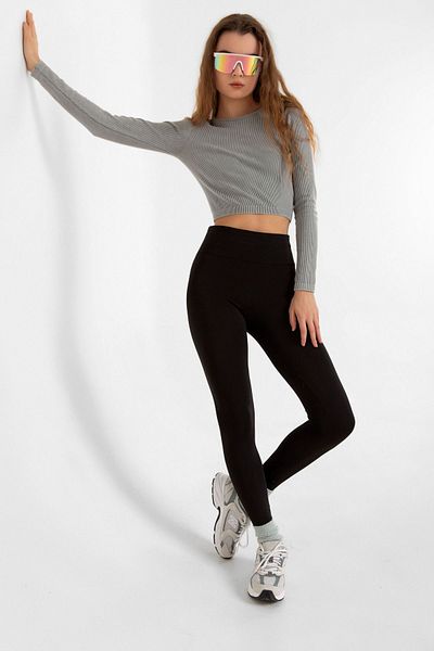 Domoda Schwarze warme Leggings mit hoher Taille und Raffung innen aus geripptem Tauchstoff, dehnbar, für den Winter, römische Leggings für Damen