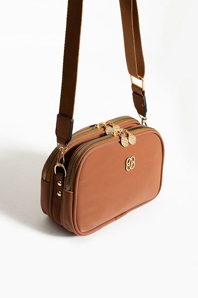 Rosmod Women's Tan Three Compartment Buzzy Satin Leather Adjustable Column Strap Rosmod Shoulder Bag