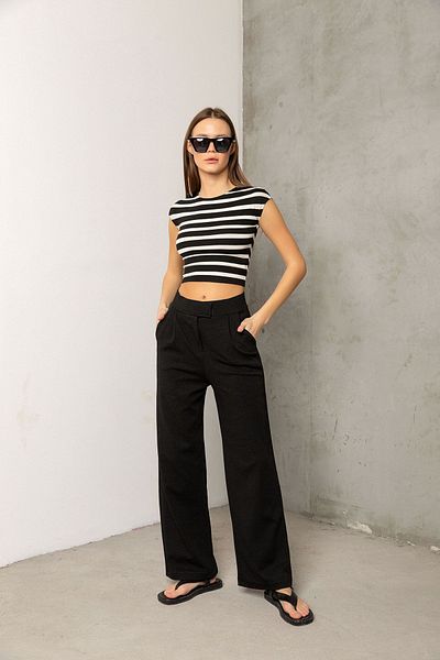 Domoda High Waist Black Velcro Banded Pleated Women's Trousers - Casual and Stylish Use @marsilya