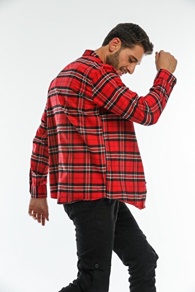 Blah Червоний комір на ґудзиках Фланелевий дроворуб без кишень чоловічий плед гомлек на ґудзиках
