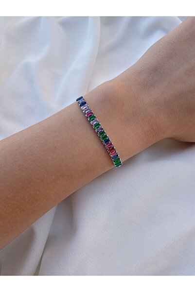 Eylülün Takısı Kadın Gümüş Renk Baget Taş Renkli Su Yolu Bileklik