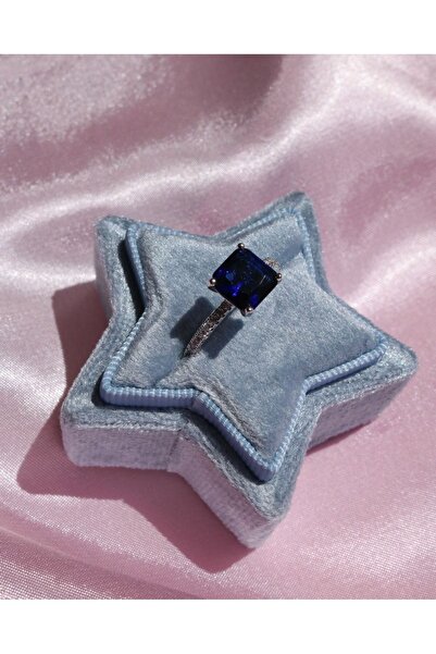 Reorah Collection Zirkon Taşlı Kare Baget Tektaş Yüzük Lacivert