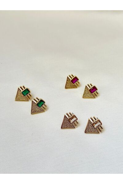 Brillo Serenay Üçgen Taşlı Şık Yeşil Küpe ( Serenay Yeşil Taş Küpe )