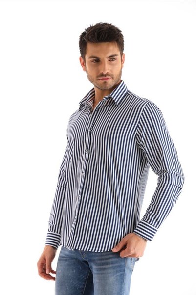 Catto Peak Navy Blue Striped White Regular Men's Shirt