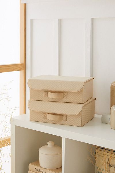 Ocean Home Textile 2 Pieces Beige with Lid Cabinet Drawer Inside Jewelry Laundry Folding Storage Box Organizer 30x23x11