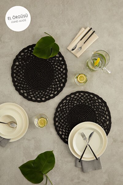 Ocean Home Textile 2 Pieces Black Raffia Motif - Table American Service 36X36 Tableware Presentation Platter