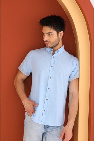 Catto Peak Men's Shirt - Light Blue Striped, Shortcut Regular Cut