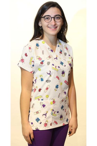 DENİZ İŞ بلوزة واحدة منقوشة باللون الأبيض للطبيب/الممرضة