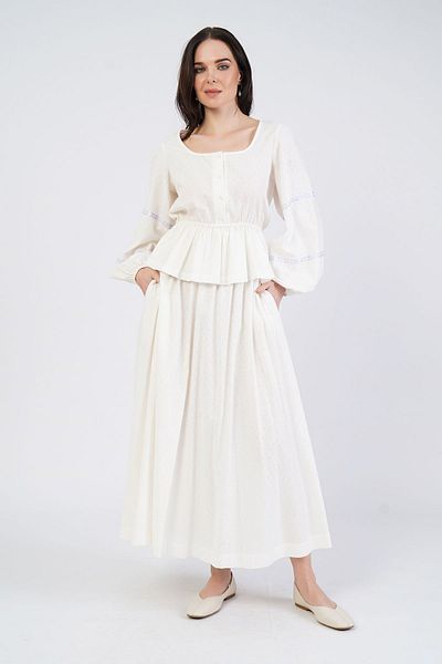 Nelly White Long Cotton Skirt - Waist Elastic and Pocket /gk851