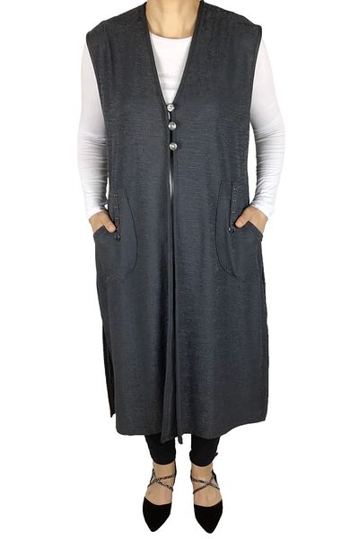 ECE GİYİM Women's Long Vest - Three-Button Front, Pocket and Jacquard Summer