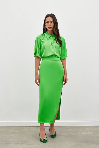 Sateen Satin Skirt with Waist Pleat Detail - Light Green