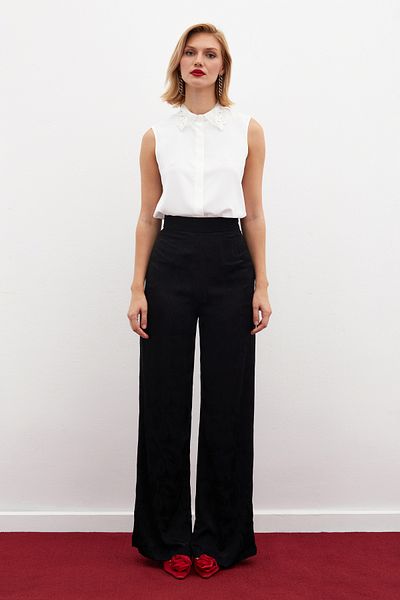 Sateen Jacquard Casual Trousers - Black