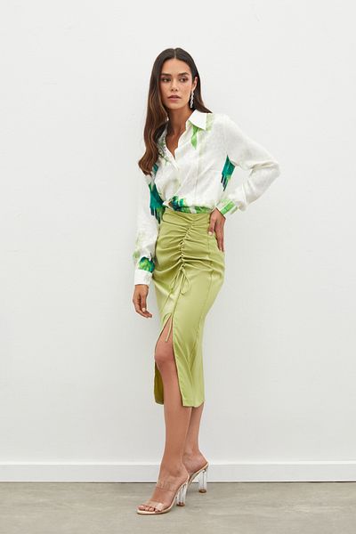 Sateen Oil Green Satin Skirt - Gather Detailed