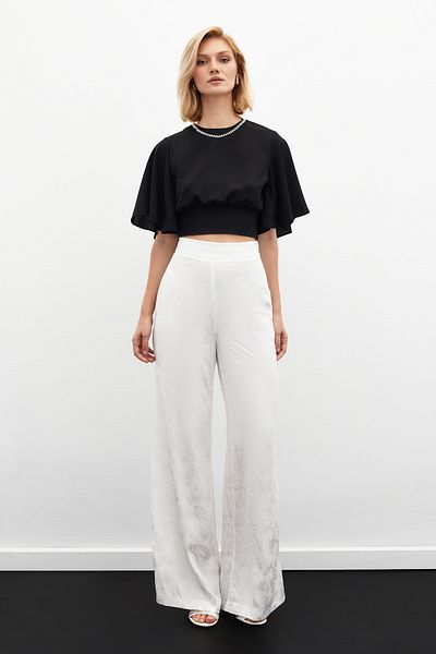 Sateen Ekru Jacquard Loose Trousers