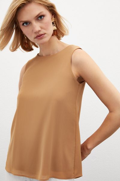 Sateen Camel Color Sleeveless Loose Blouse