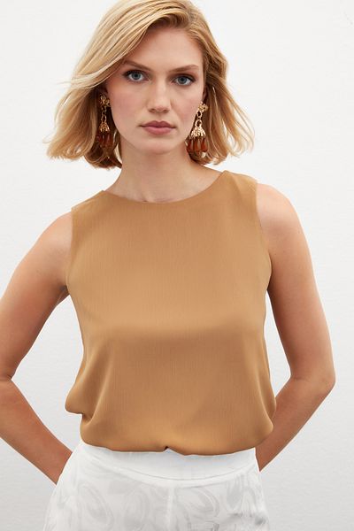 Sateen Camel Color Sleeveless Loose Blouse