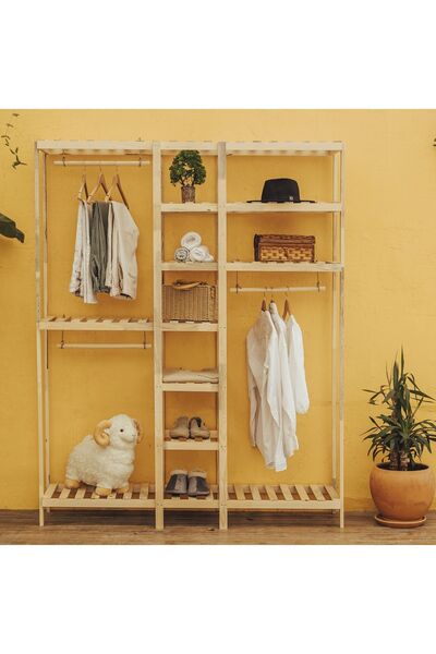 pinoxi Ahşap Açık Gardırop 3 Askılı 190x150x37 Cm Çok Amaçlı Dolap %100 Masif Çam Ağaç