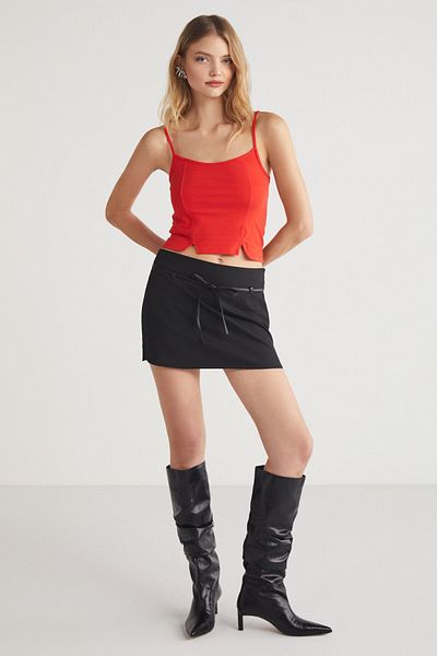 GRIMELANGE Mıkela Women's Viscose Strap Slit Body Wrap Crop Red Body