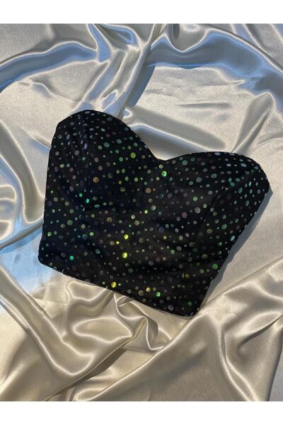 Miss Monalisa Moda Siyah Parlak Baskılı Crop Astarlı Korse Büstiyer