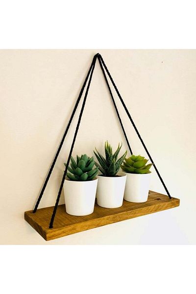 pinoxi Wooden Rope Shelf Wall Shelf Bookcase Brown