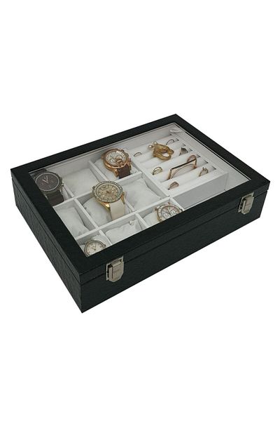 STAND MARKET Watch Box with 9 Jewelry Compartments Black Patent Leather White Inside