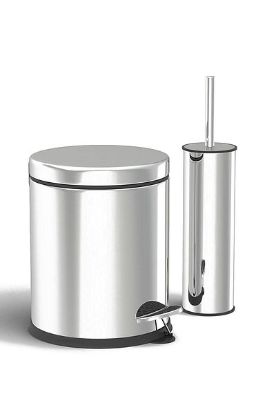 Alper Banyo Stainless 5 Lt Trash Can - Toilet Brush Set of 2 Bathroom Set (Glossy)