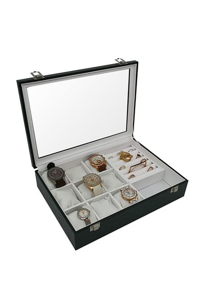 STAND MARKET Watch Box with 9 Jewelry Compartments Black Patent Leather White Inside