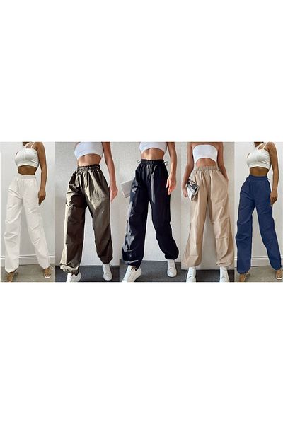 GİPSBUTİK Parachute Fabric Soft Texture Loose Cut Jogger Trousers Black