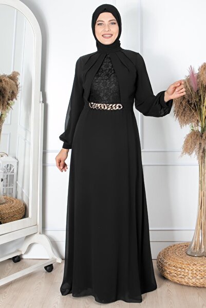 Fahima Zincir Kemer Detaylı Abiye Siyah Fhm860