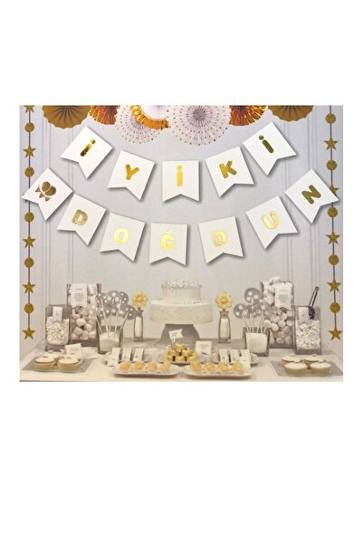 BalonEvi Parti Zamanı Beyaz Gold Renk Iyi Ki Doğdun Yazısı Banner Lux Karton