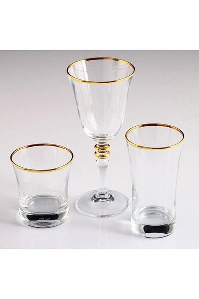 Paşabahçe Gold Crystal 18 Piece Flatware, Water Glass Set